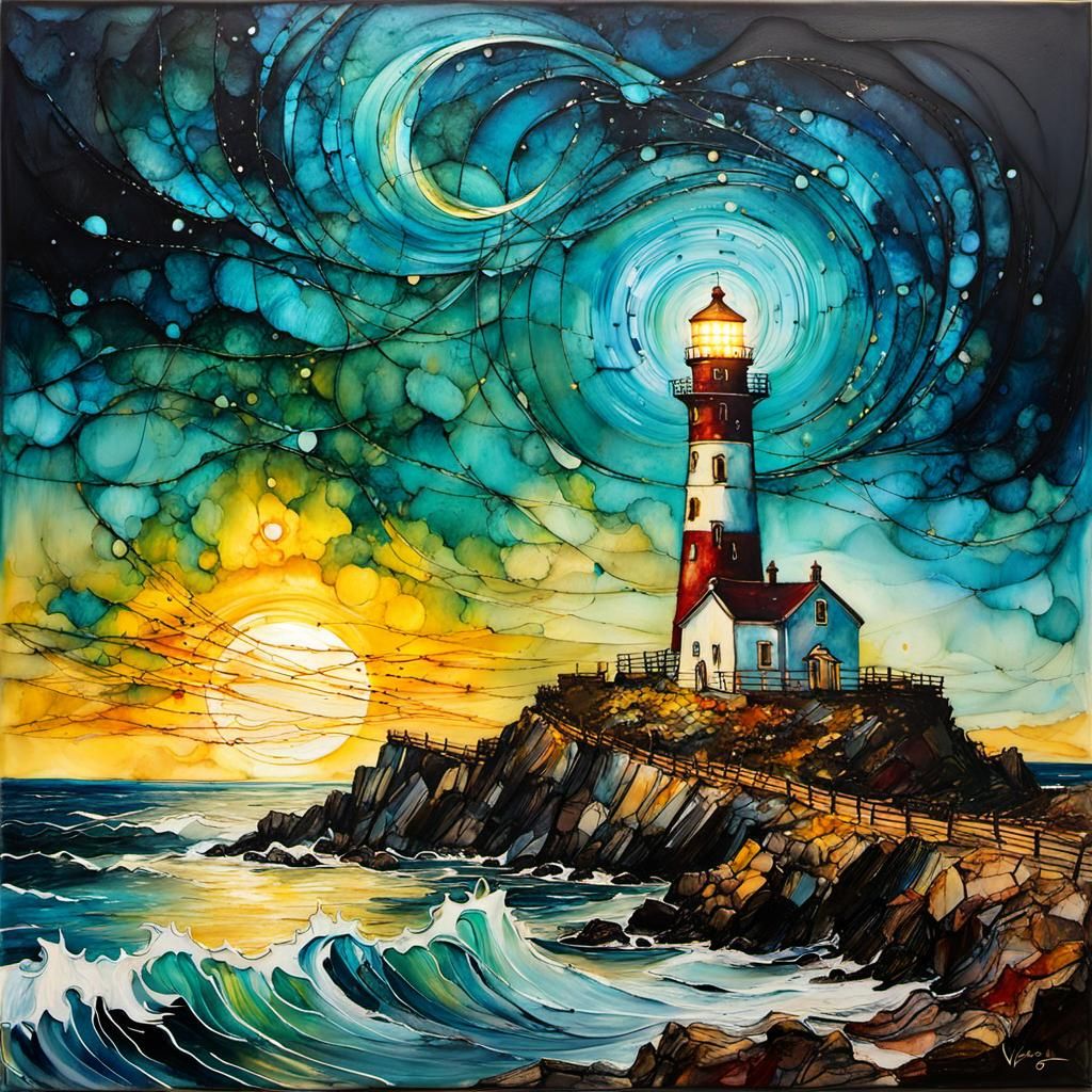 Encaustic Lighthouse at Night in Alcohol Ink Style