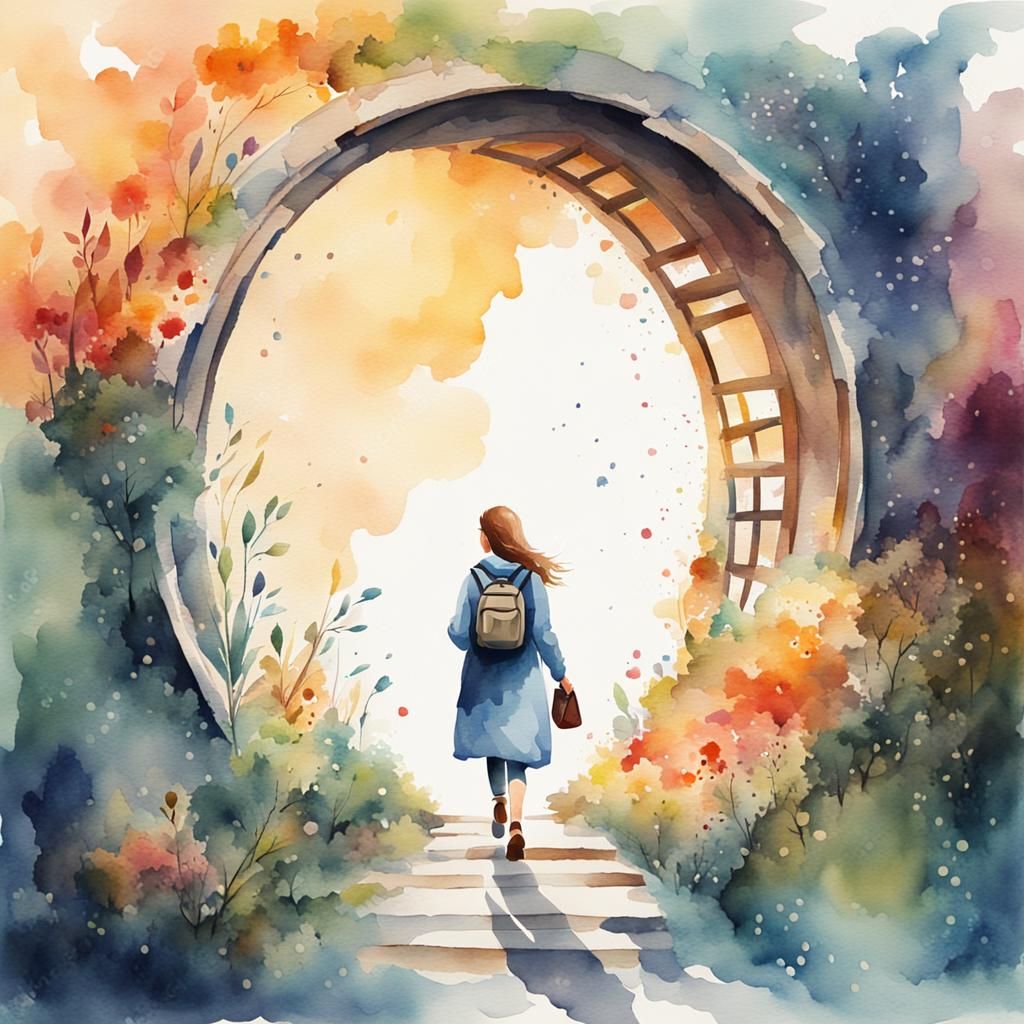 Woman Walks Through Watercolor Portal