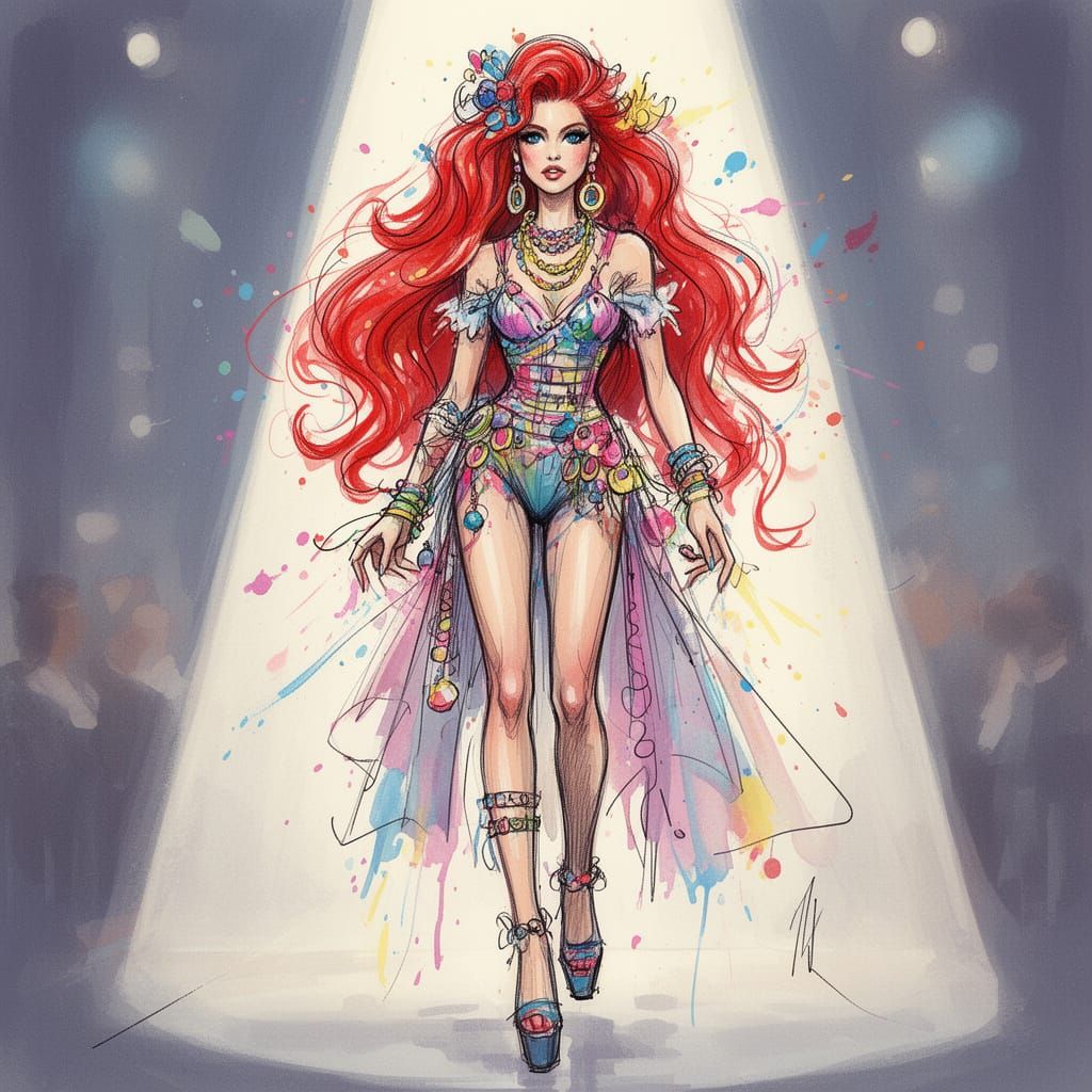 High Fashion Sketch: Red-Haired Woman in Quirky Drag Inspire...