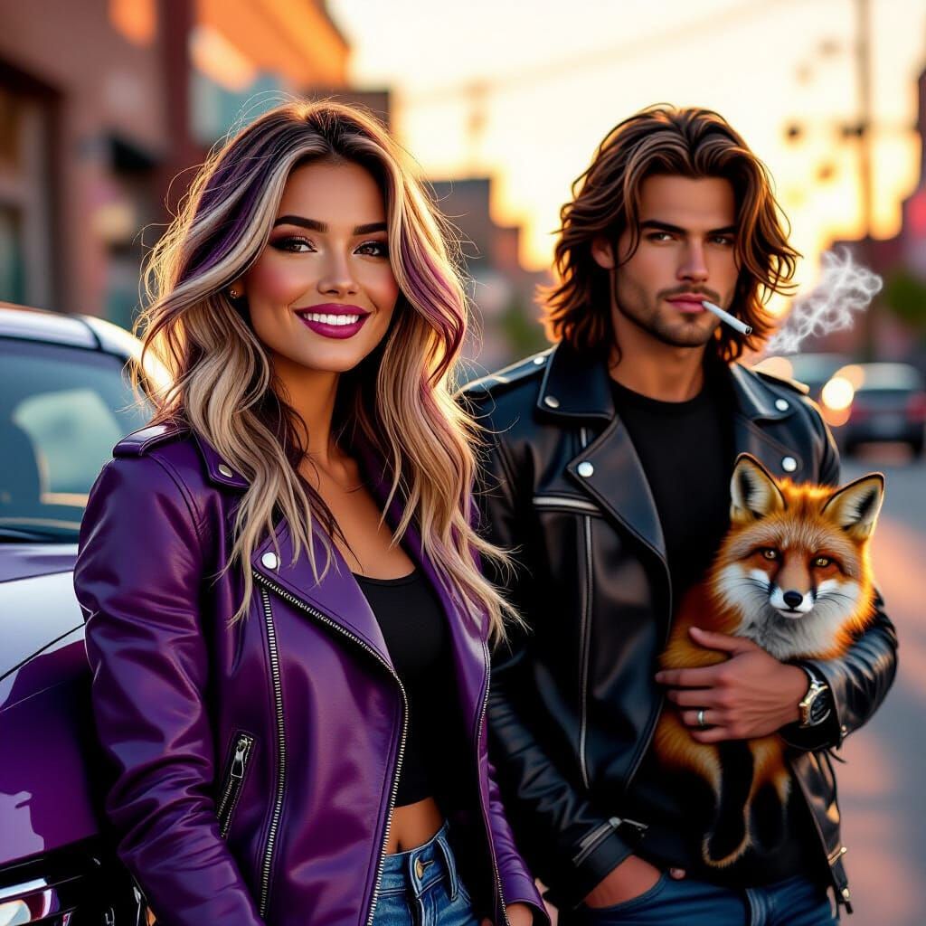 Dynamic Urban Scene with Woman, Man and Fox