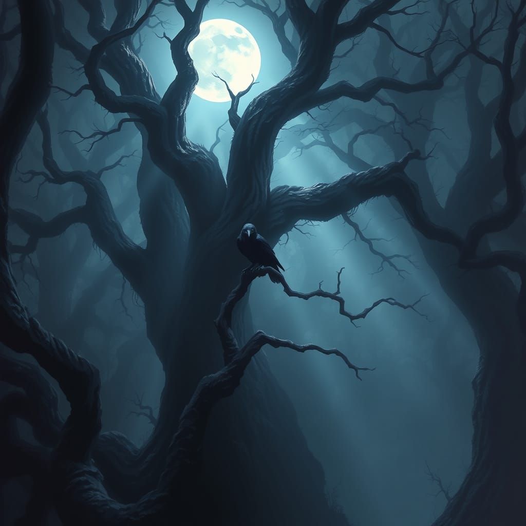 Mystical Moonlit Forest With Raven