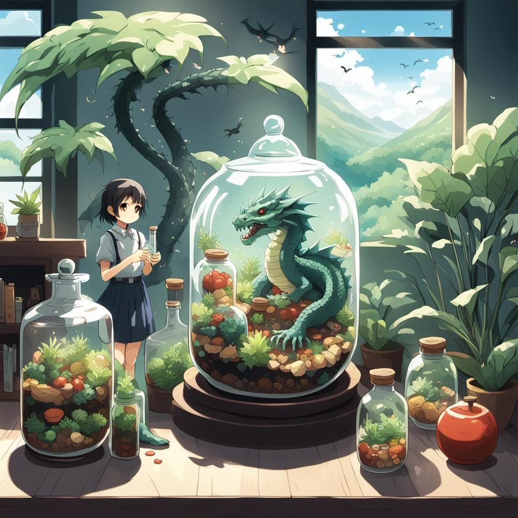 a terrarium on a shelf with tiny humans inside it and a dragon standing over the terrarium holding a bottle labeled huma...