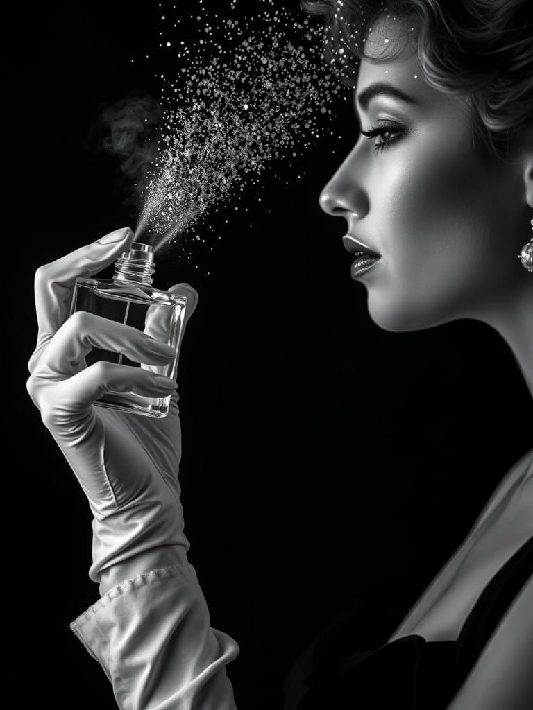 Elegant Woman in White Glove Sprays Perfume in a Vintage Atm...