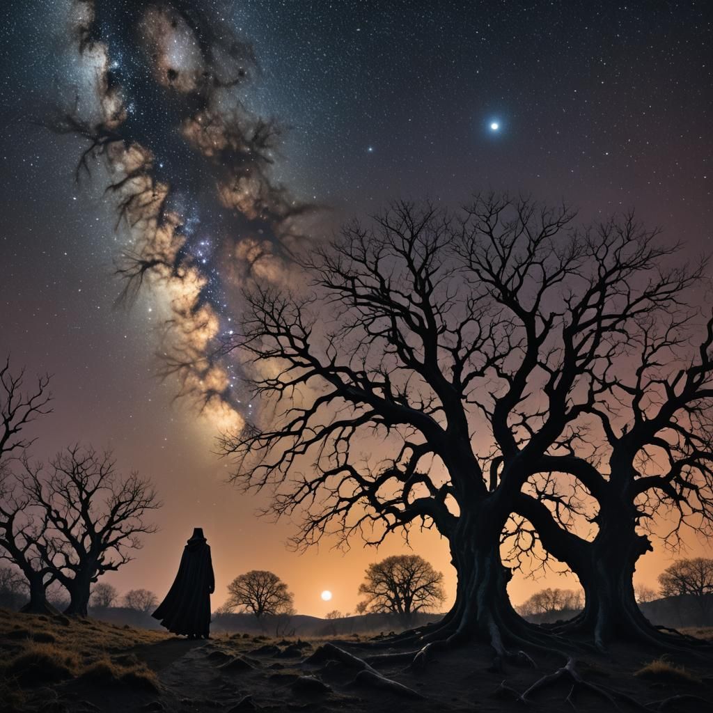 Mystic Figure in Starry Gothic Landscape