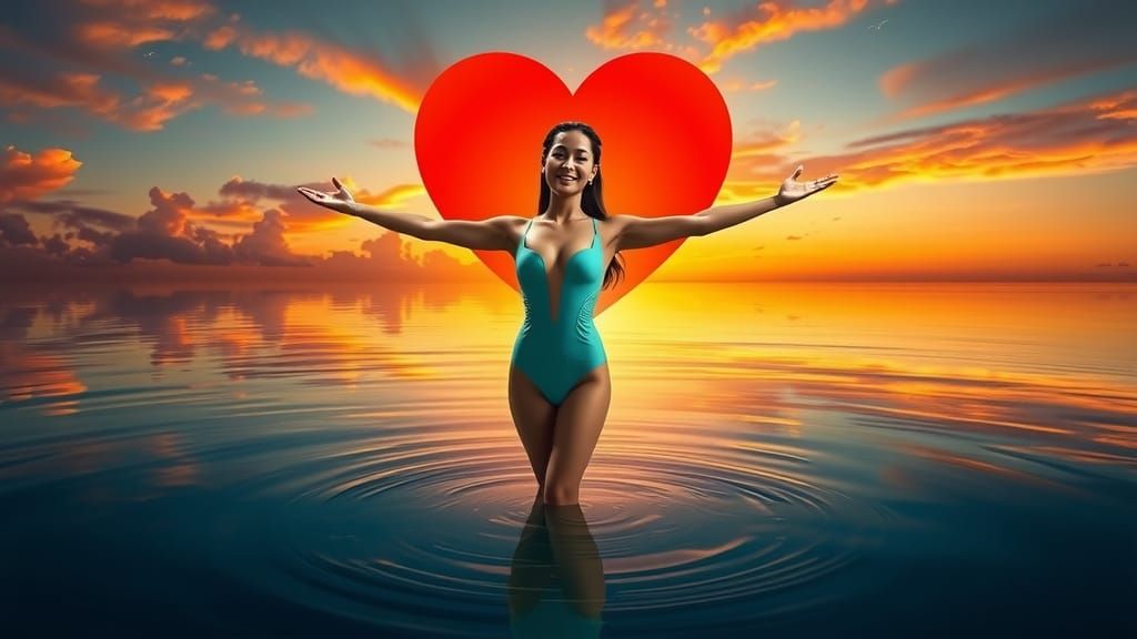 Asian Woman with Heart at Sunset: Digital Painting