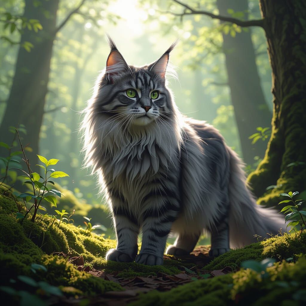 Maine Coon Warrior Cat in Mystical Forest