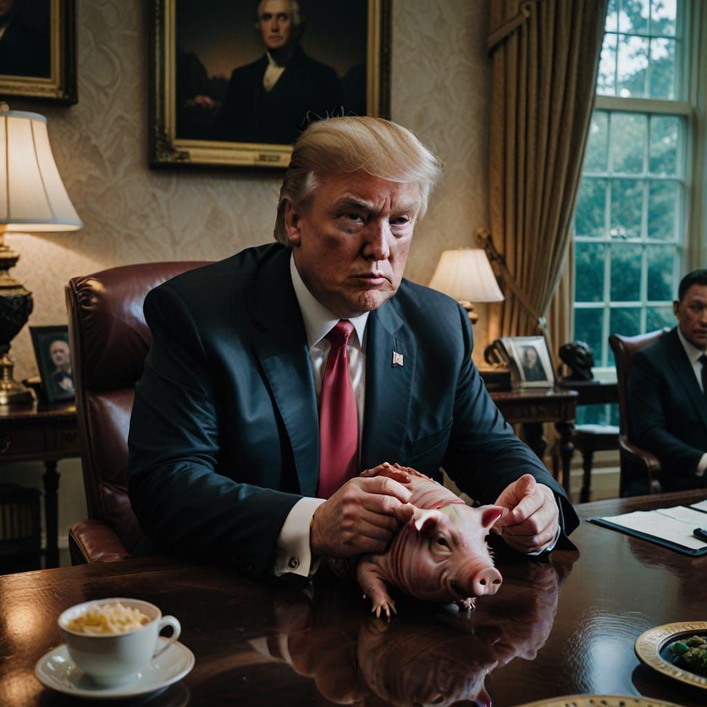 Epic Cinematic Portrait of Trump Enjoying a Roast Pig