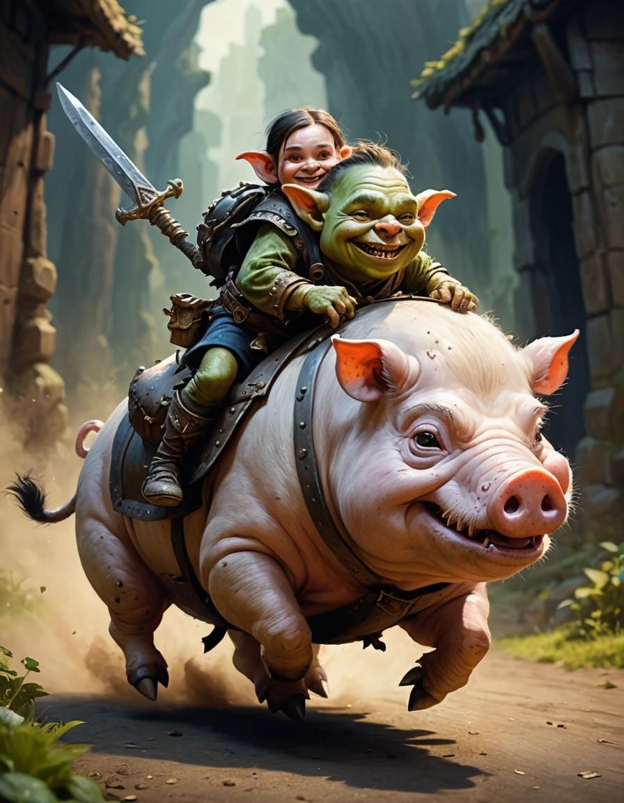 Happy Goblin Warrior Rides Comical Pig