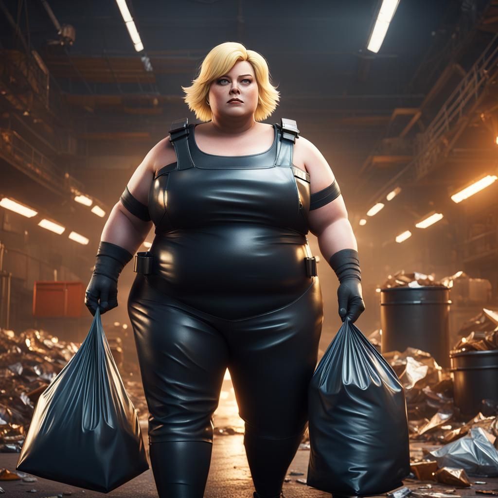 Blonde garbage woman with black trashbags.