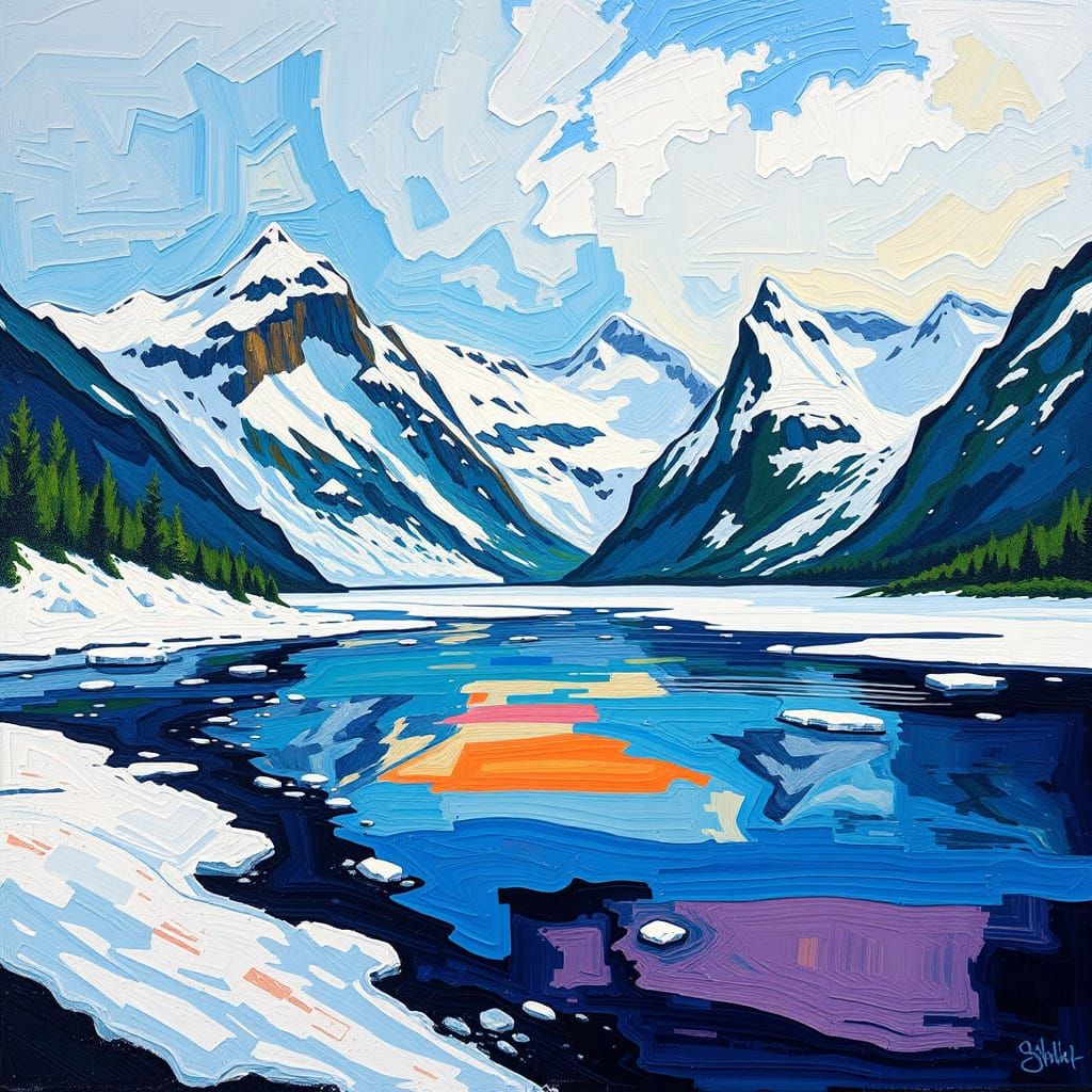 Neo-Expressionist Snow-Capped Fiord Landscape