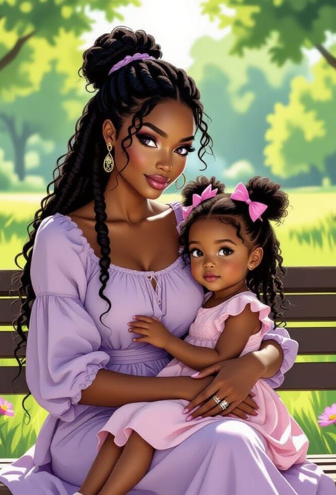 A woman with obsidian-colored skin sits gracefully on a park bench, her jet-black loc style hair framing violet eyes tha...