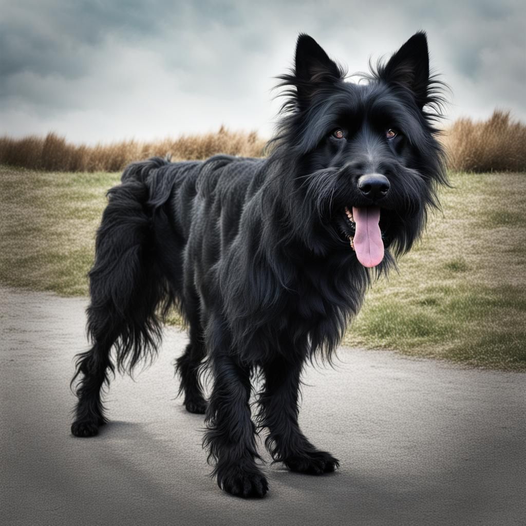 A scruffy large black mutt dog with long hair