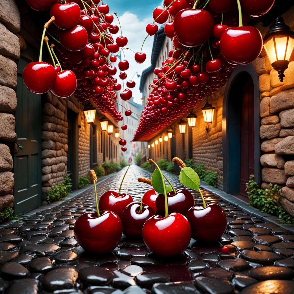 Surreal Cherry Rain in Cobblestone Alley