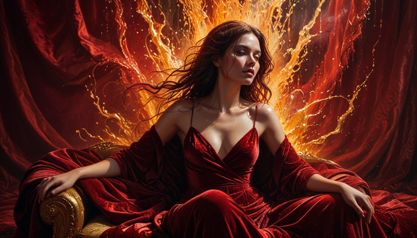 Woman on Scarlet Velvet in Splash Art Style