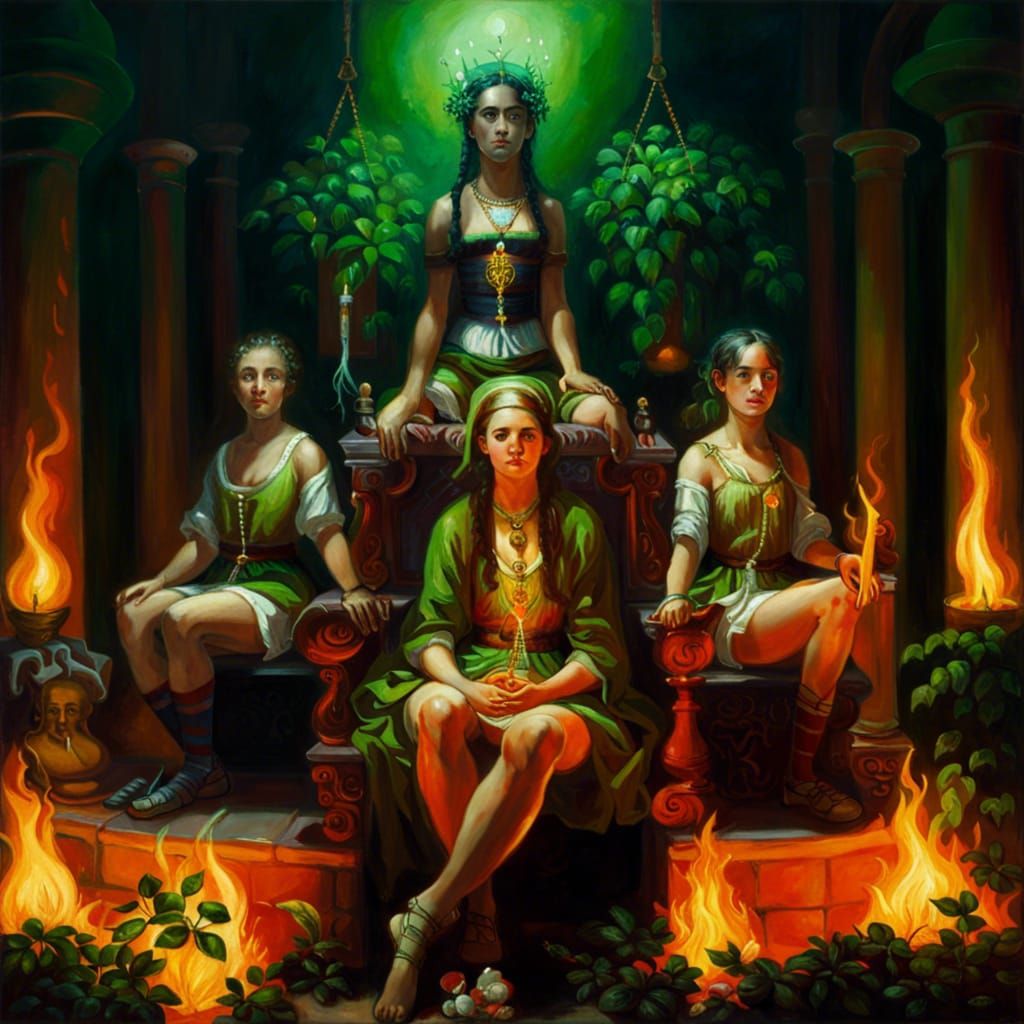 Girl on Throne with Servants, Oil Painting