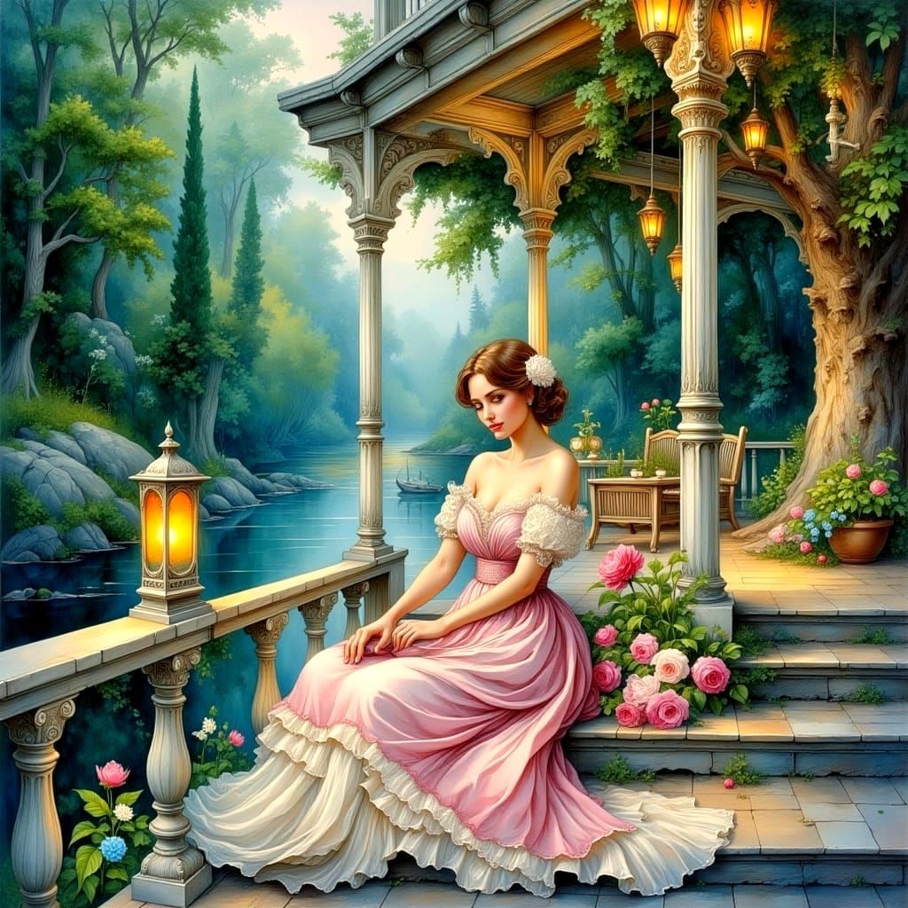 Showboat on the River at Dusk: Impasto Painting