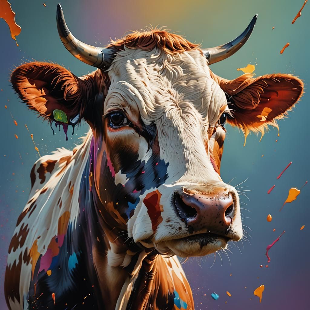 Hyperrealistic Cow Portrait in Splash Art Style