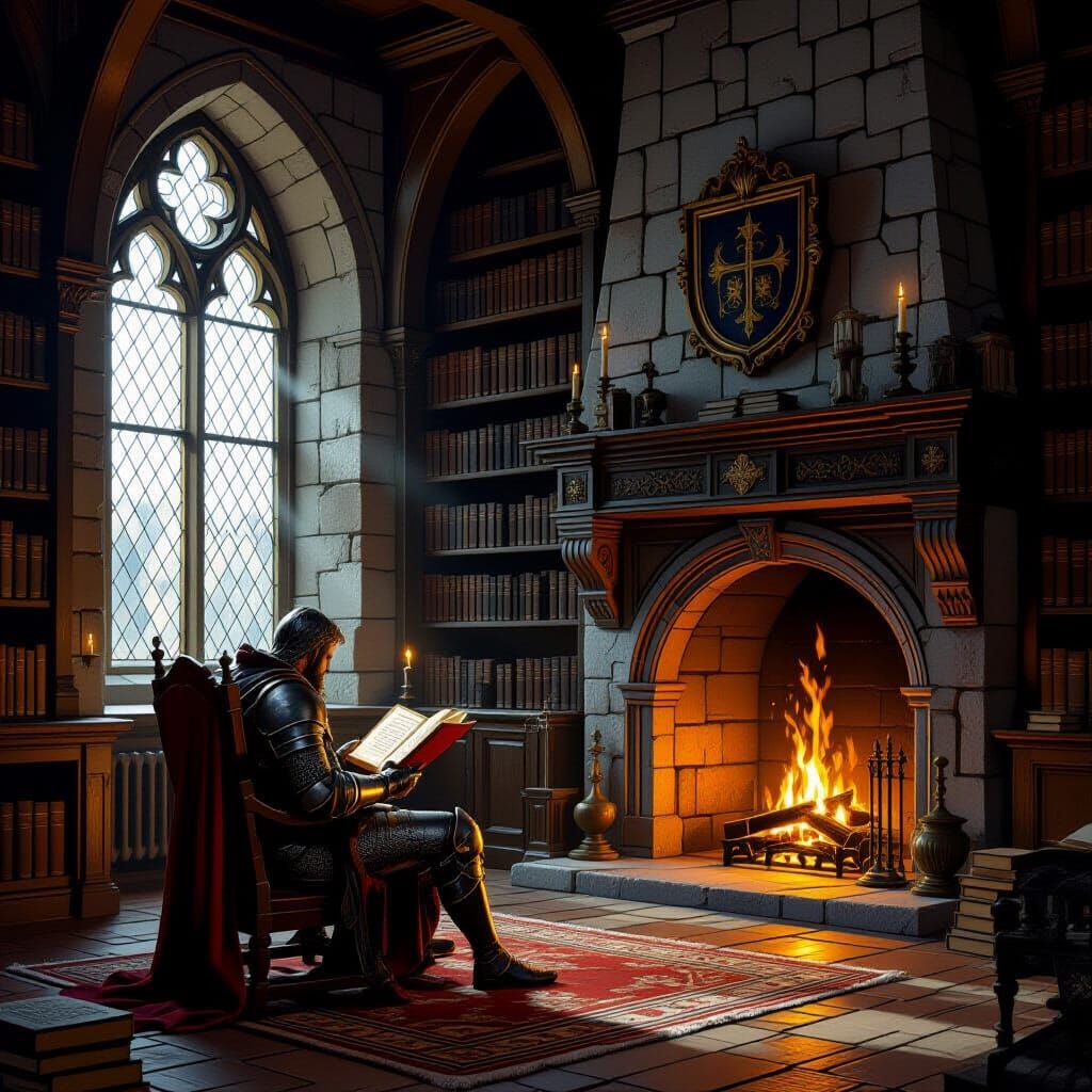 Knight Reads Ancient Tome in Medieval Library Oil Painting