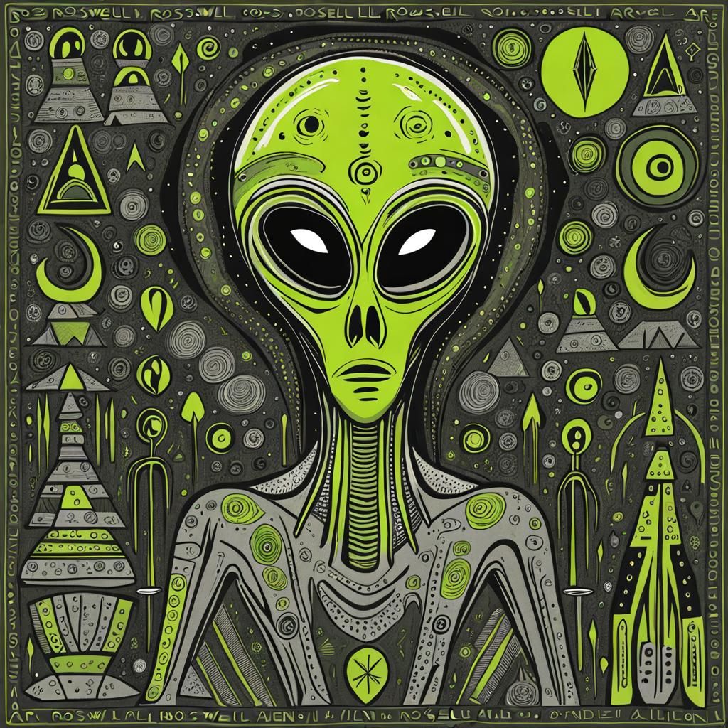 Hand-Drawn Roswell Alien in Outsider Art Style