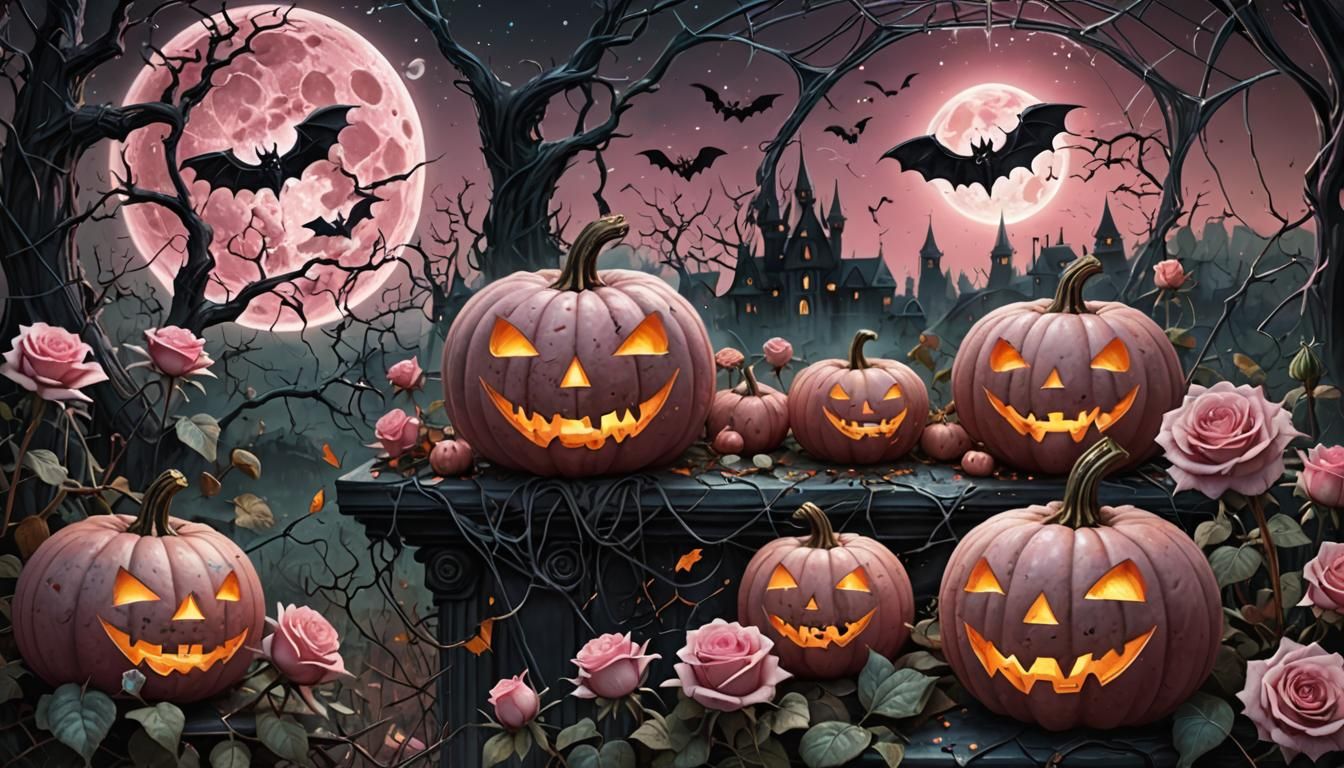 Halloween Cosmic Horror Illustration with Pumpkins and Roses