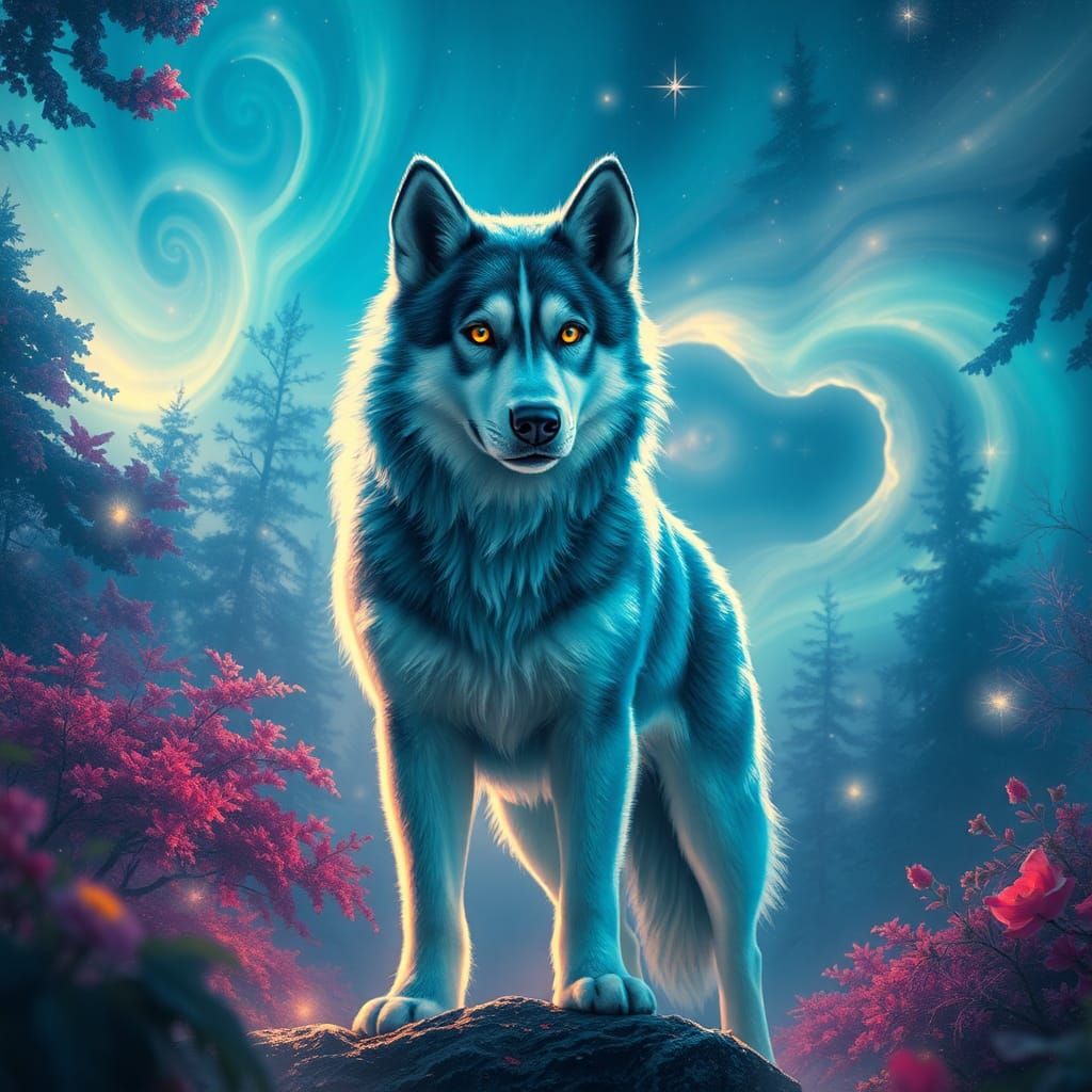 Husky in Mystical Aurora Landscape, Matte Painting