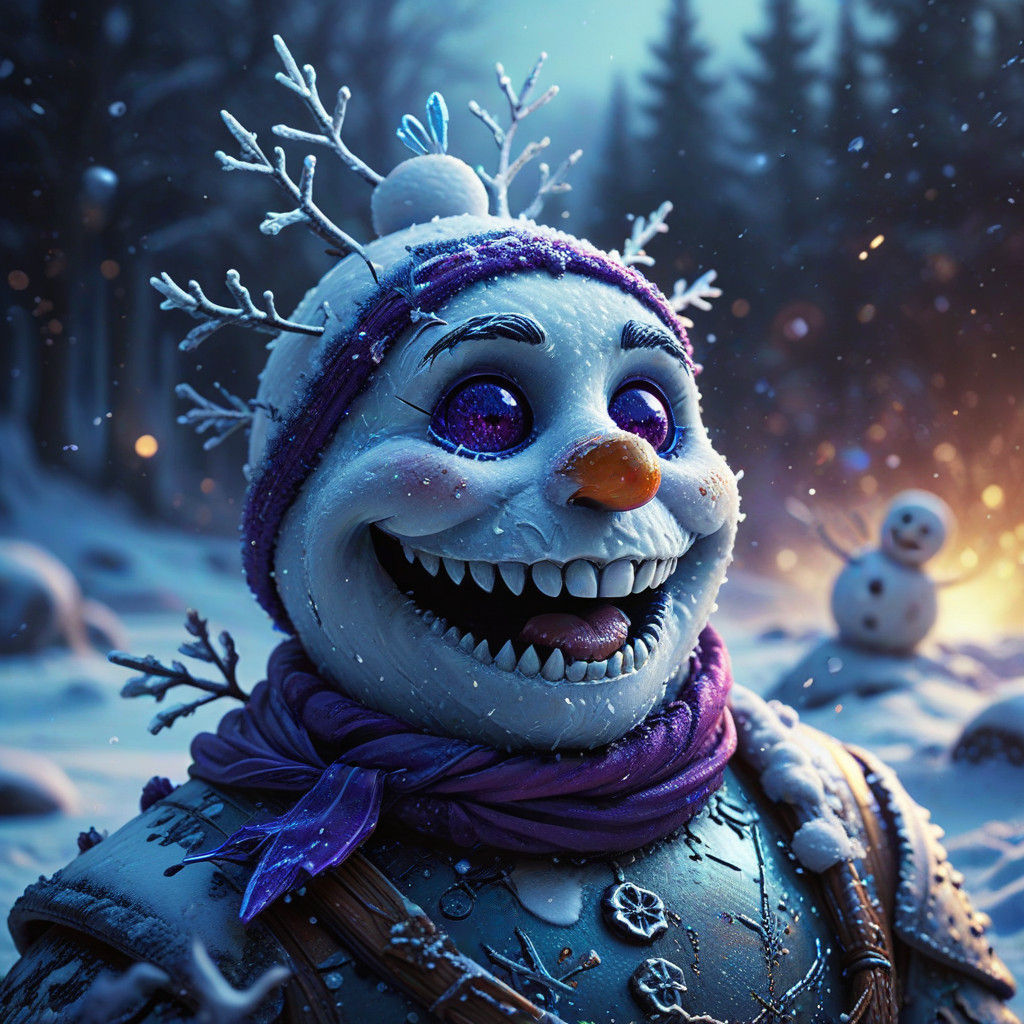 Snowman's Spooky Smile in Vibrant, Frosty Hyperrealism