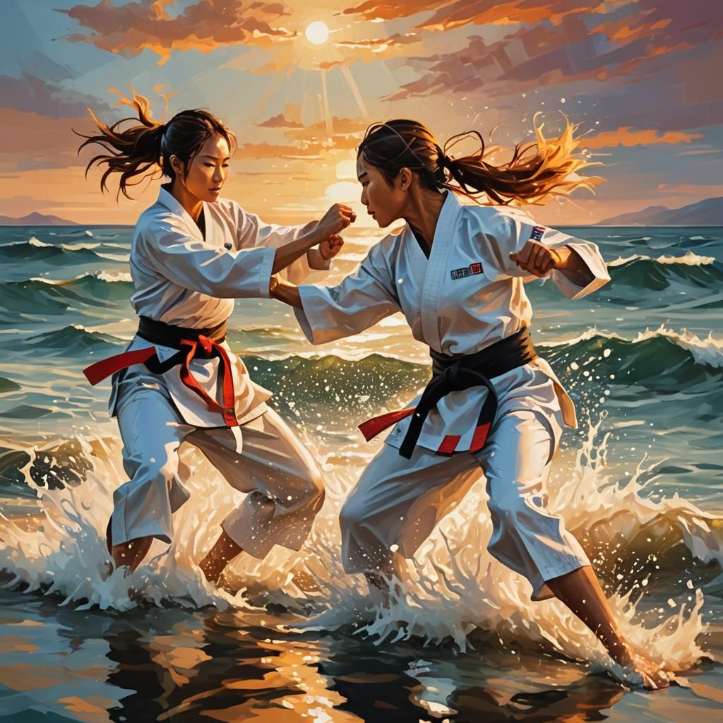 Taekwondo Girls Sparring in Expressionist Ocean Illustration
