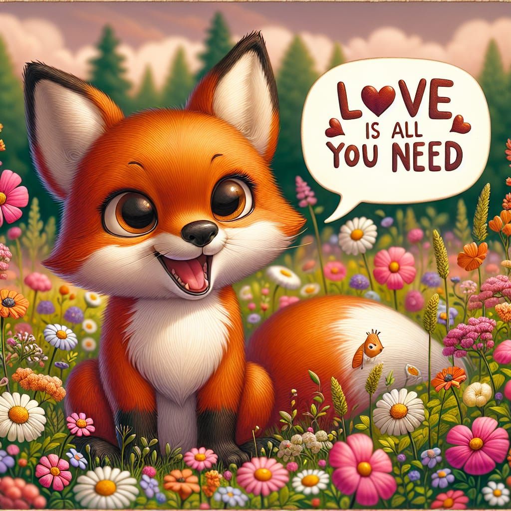 Cartoon Fox with Love Message in Spring Flowers