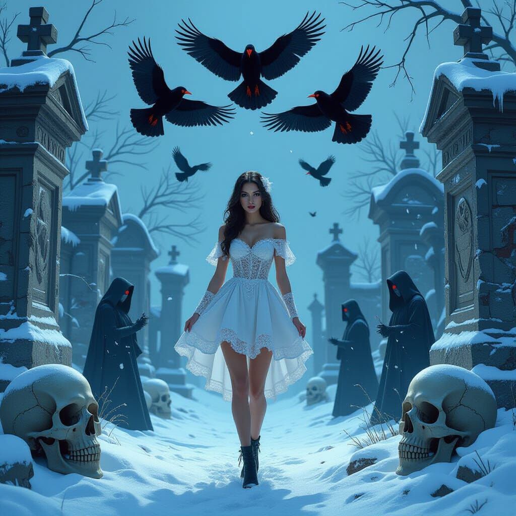 Zombie Prom Night in Snowy Cemetery Ruins