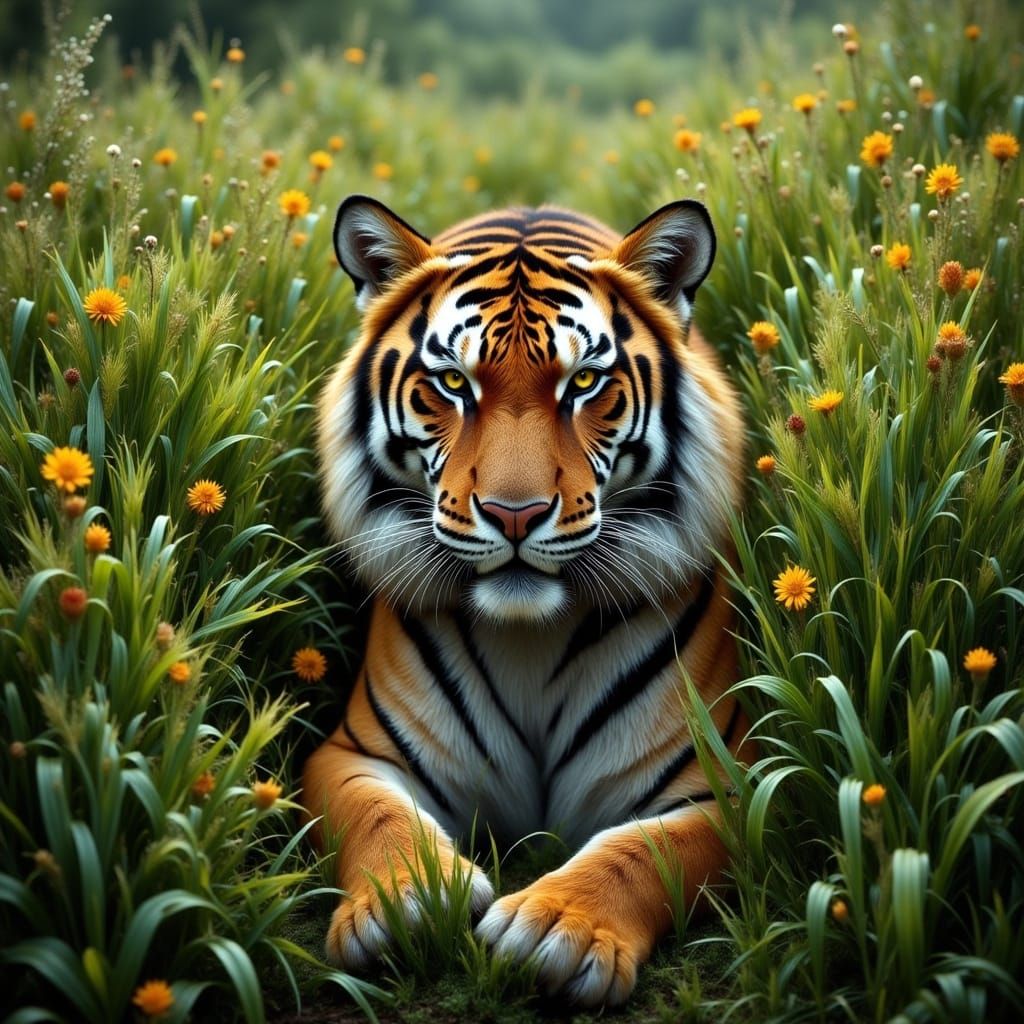 Tiger Camouflaged in Tall Grass