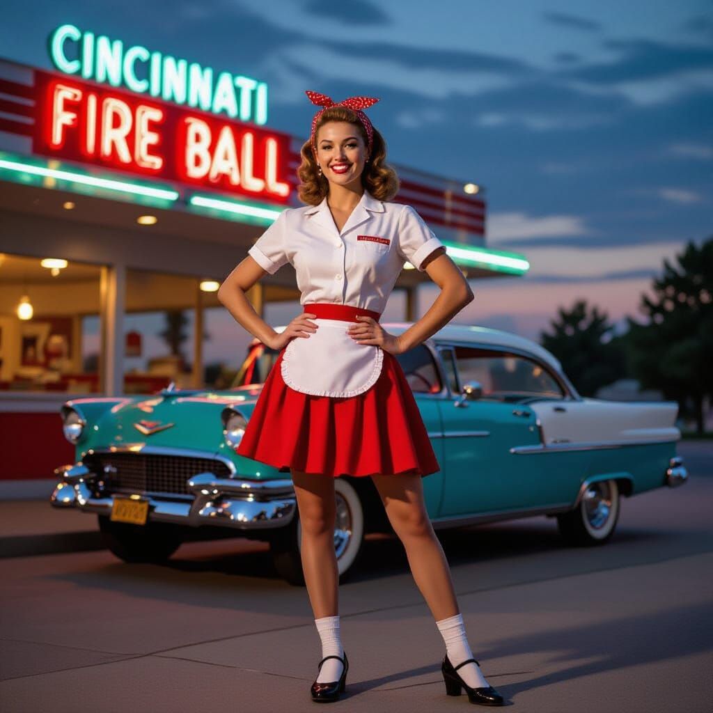 Retro Diner Scene: Confident Woman in 1950s Style