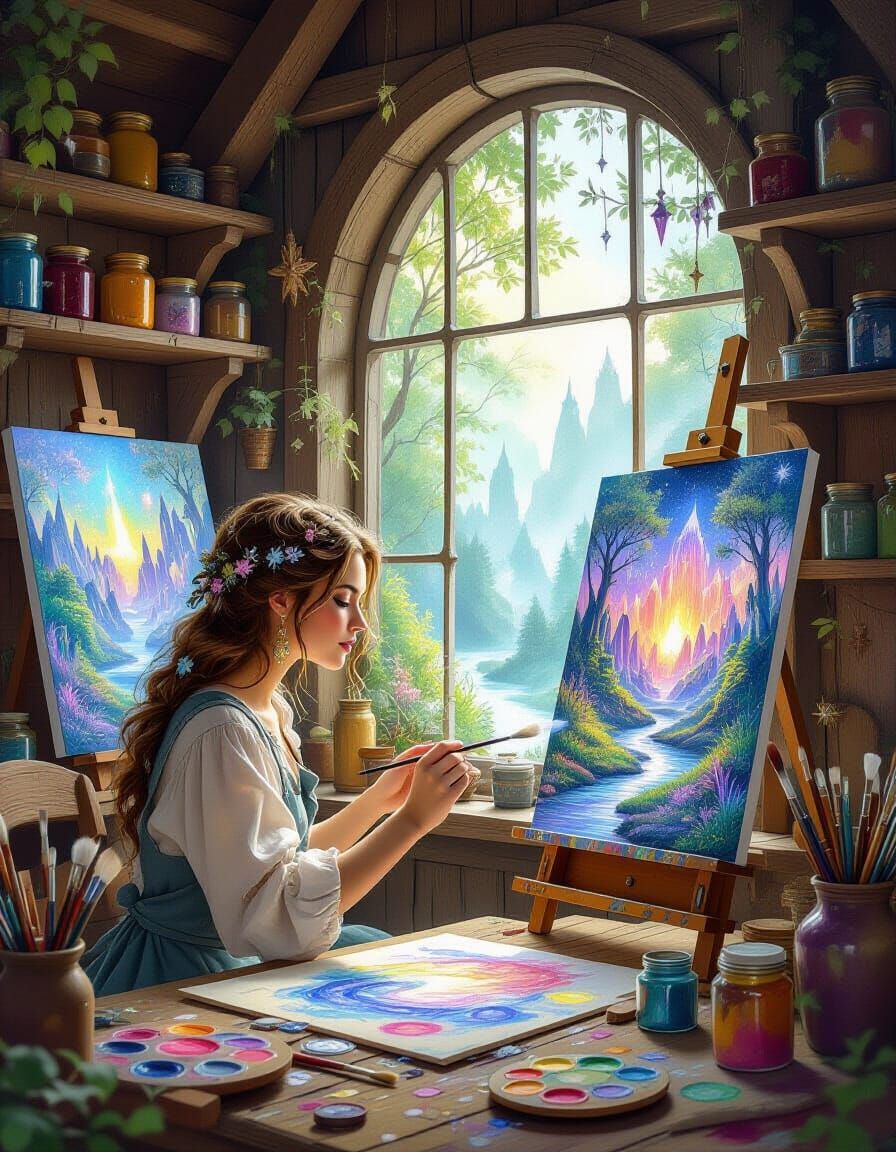 Fantasy Artist Painting Magical World in Rustic Studio