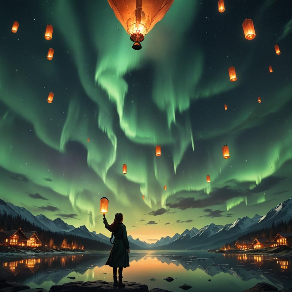 Girl Watching Lantern Fly into Northern Lights