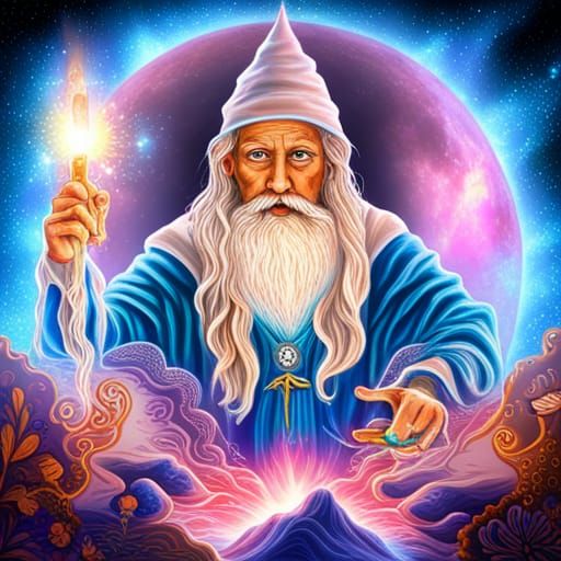 Wizard Performing Spell: Holographic Astral Illustration