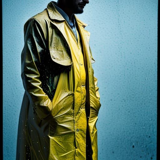 Hyperrealistic Man in Yellow Raincoat Under Blue Light