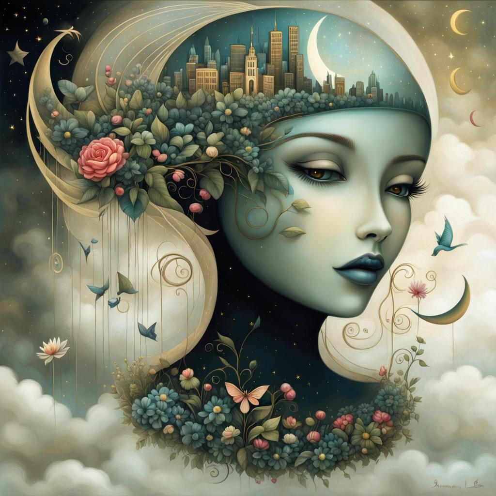 Manhattan Rooftop Garden at Night, Digital Art