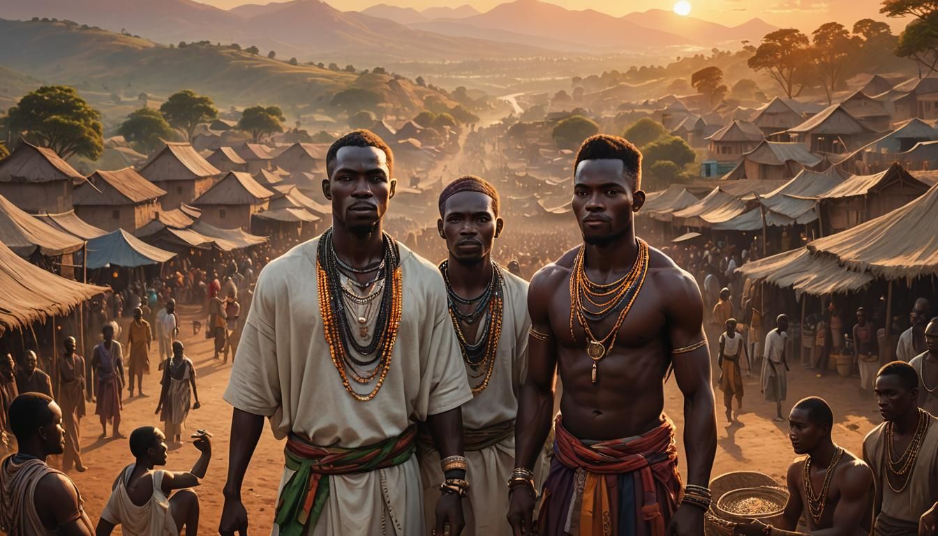 Yoruba Men in Village, Afrofuturism Fantasy Art