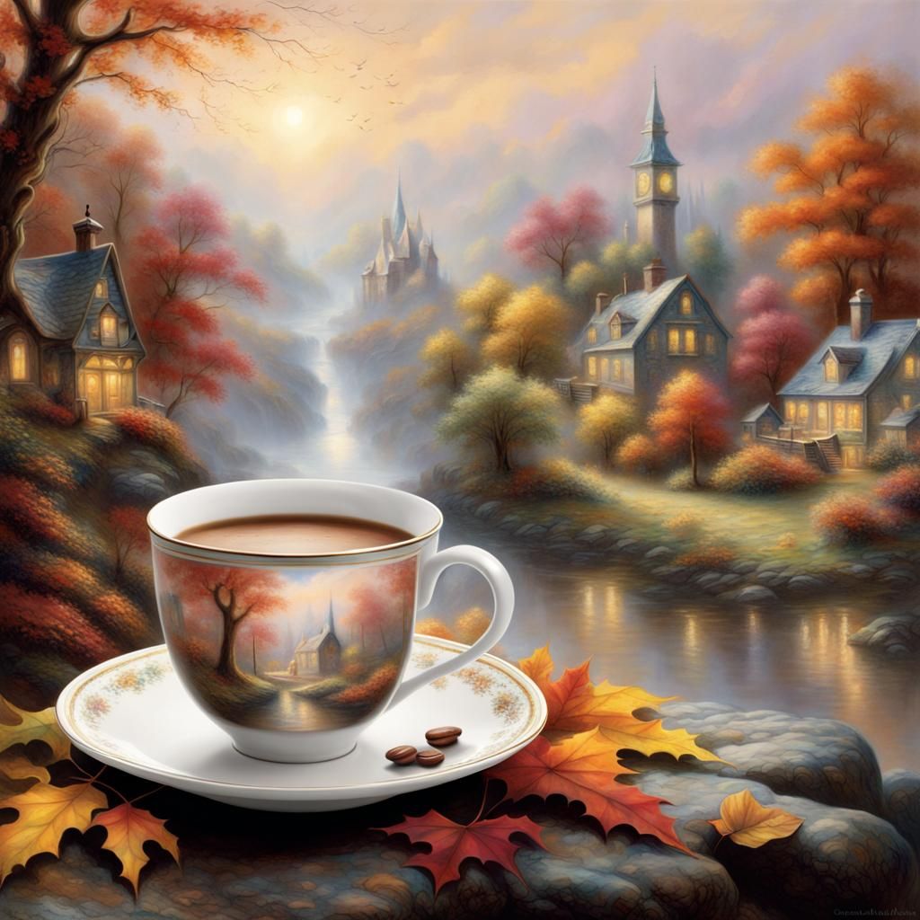 Ethereal Autumn Coffee Cup in Kinkade Style