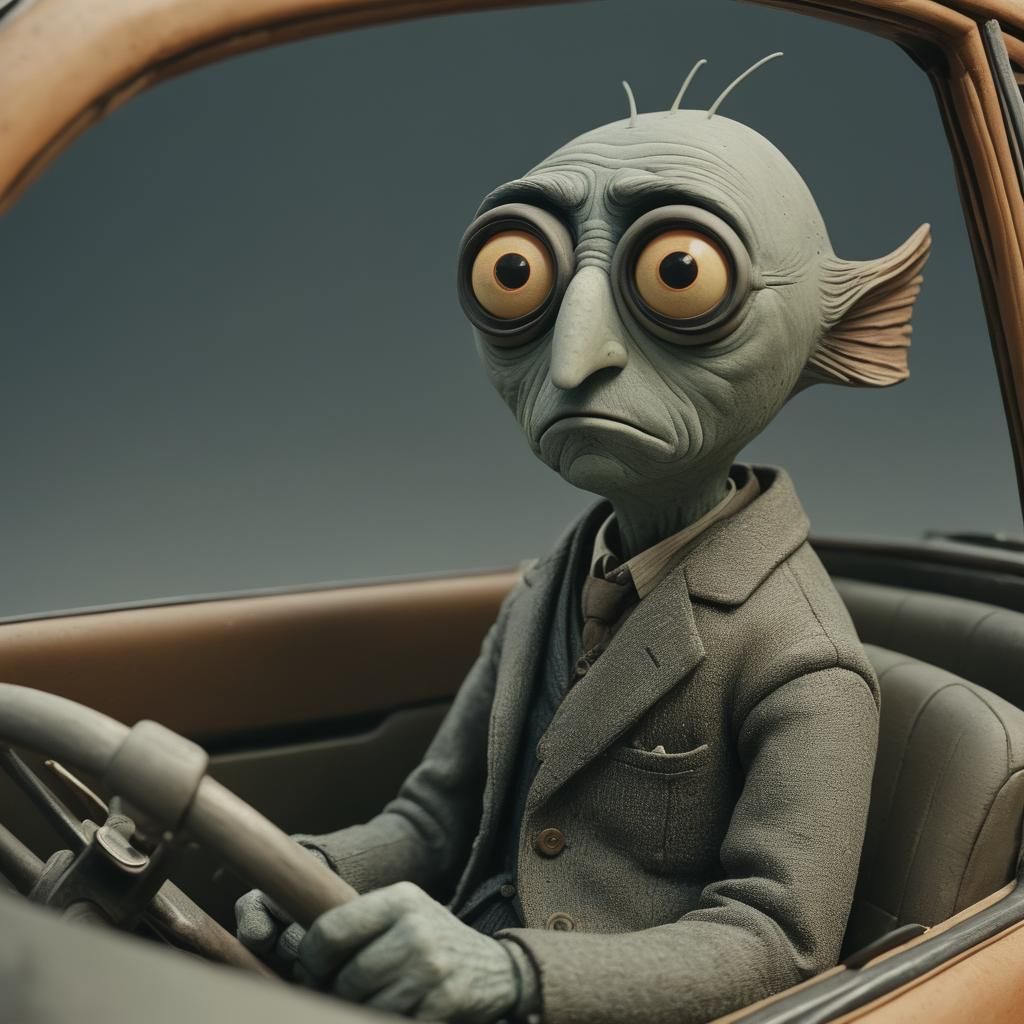 Claymation Fish-Faced Man Driving Car: Pixar Style