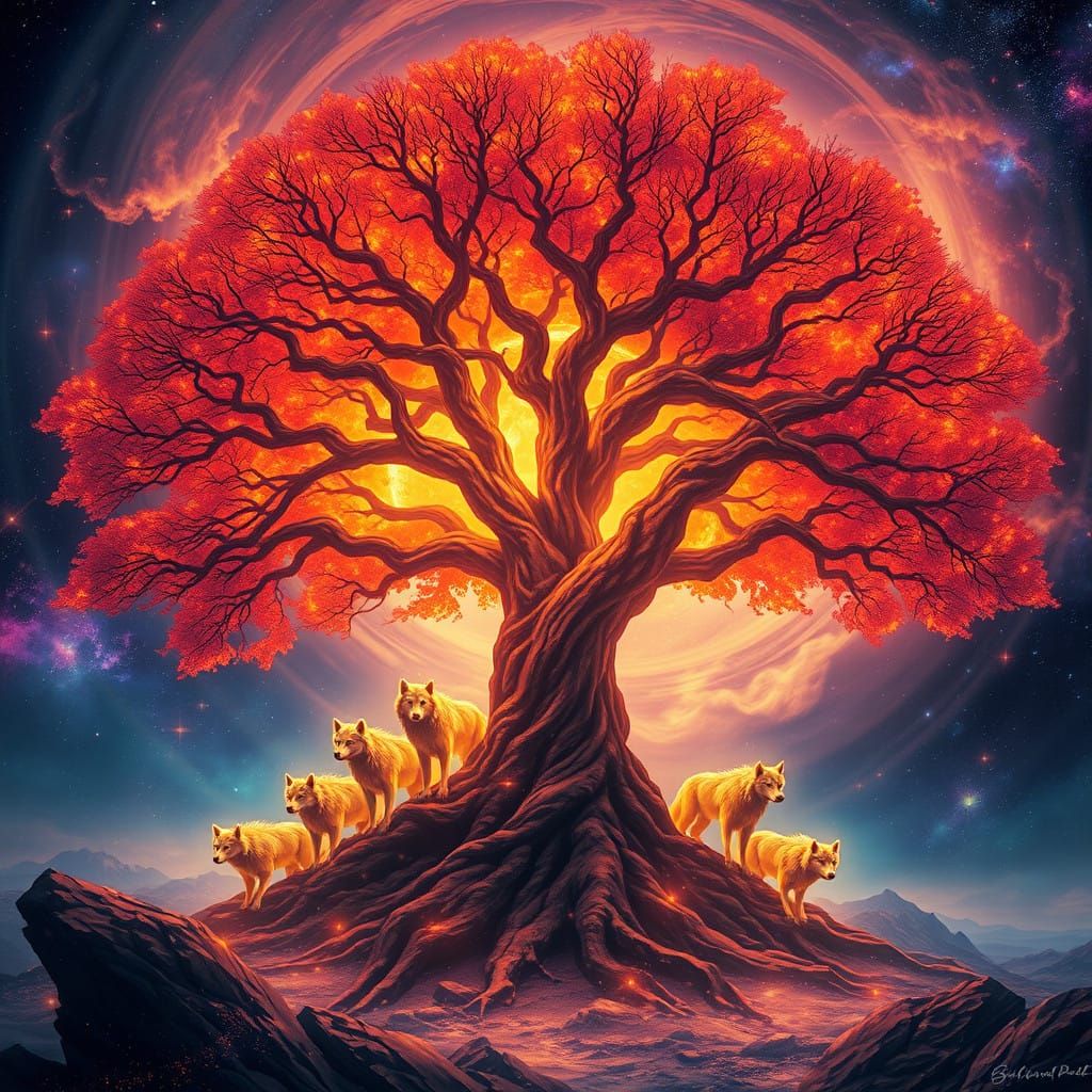 Cosmic Tree Blazes with Celestial Wolves Amidst Iridescent N...