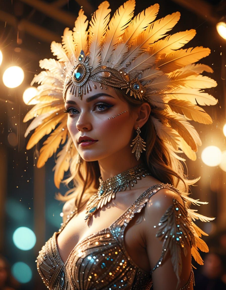 Cabaret Dancer in Feathered Headdress with Stage Lights