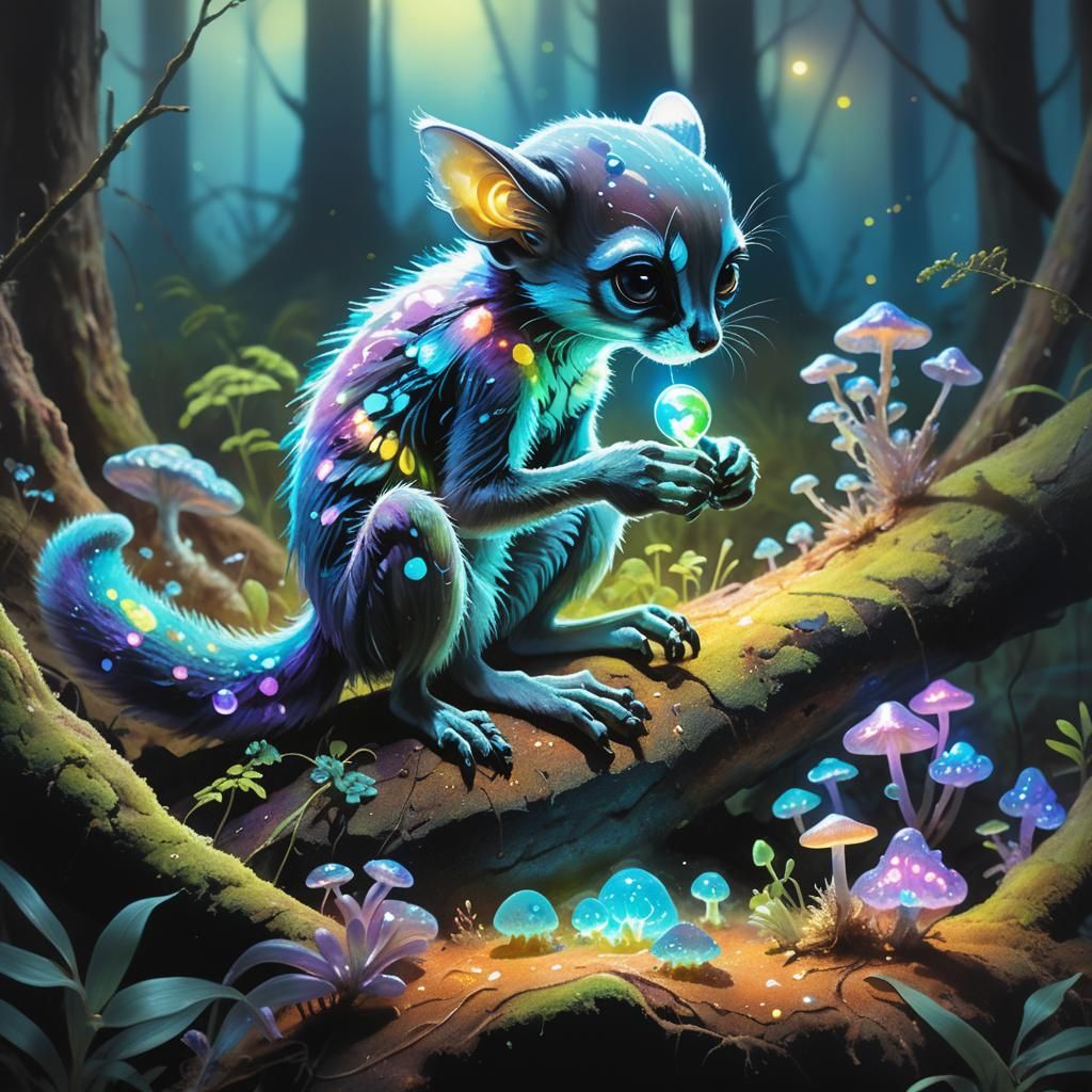 Bioluminescent Alien Ringtail in Moonlit Forest
