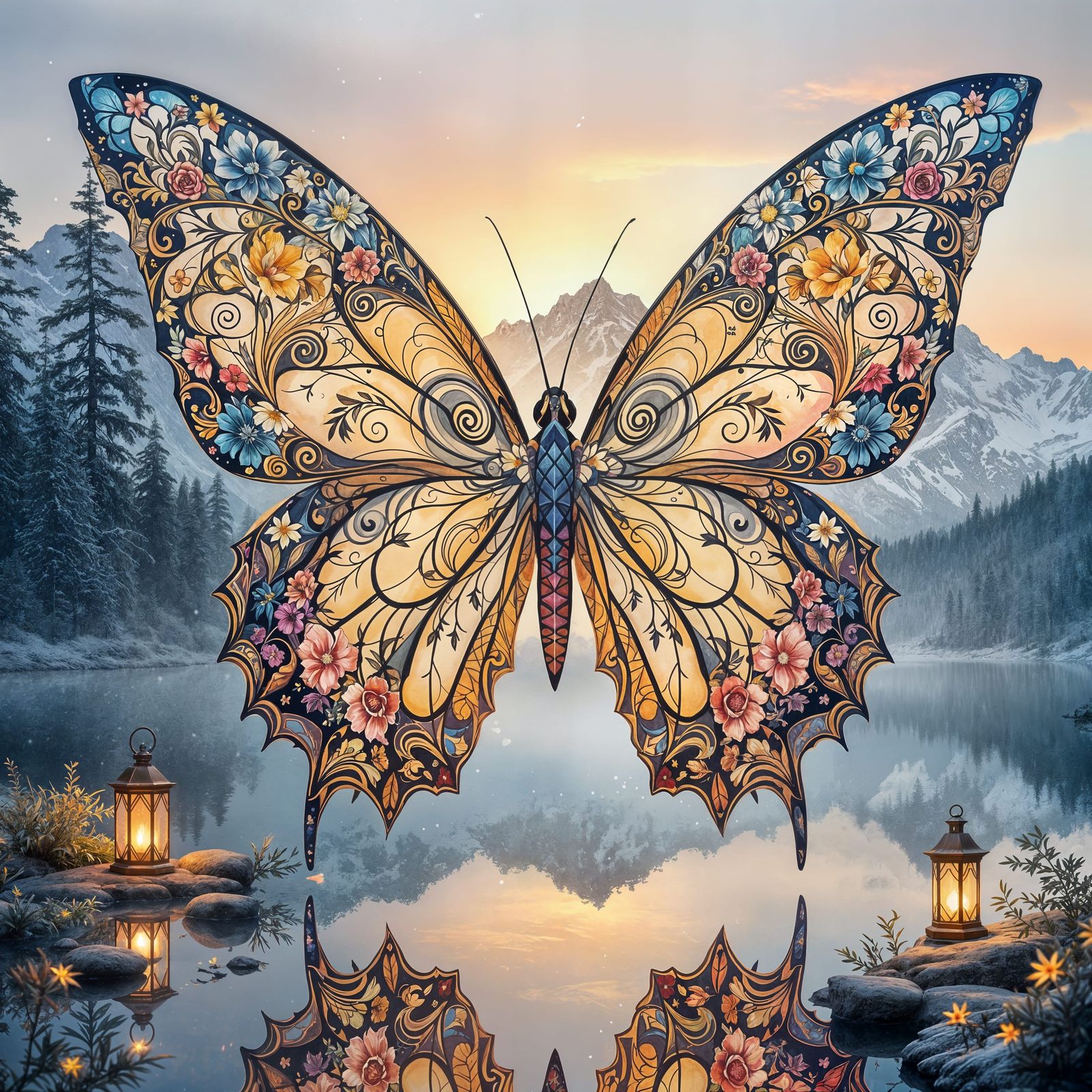 Whimsical Watercolor Butterfly in Nordic Sunset