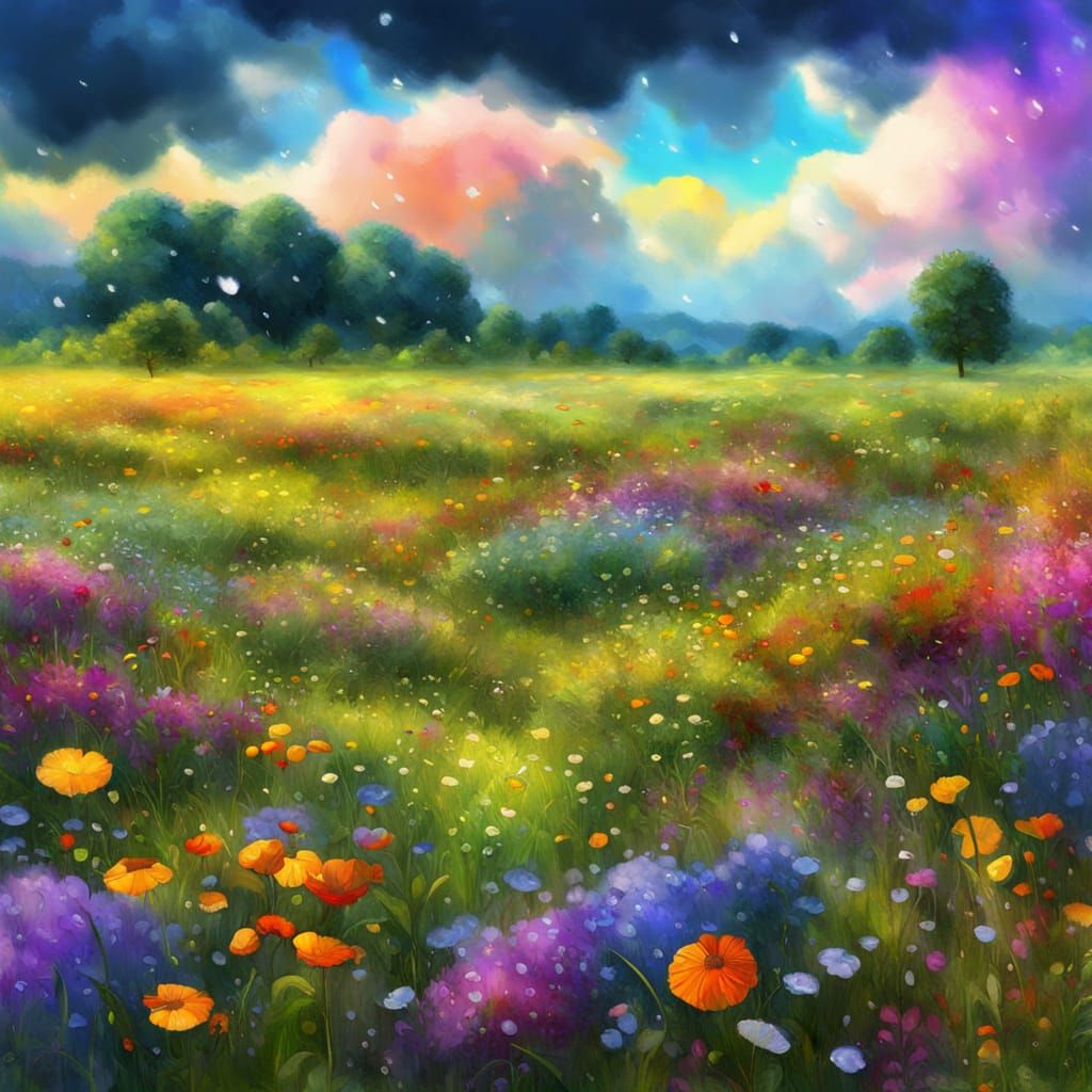 Colourful Rainy Meadow: A Digital Fantasy Painting