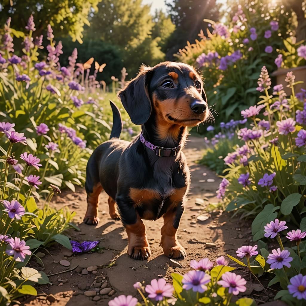 Dachshund Puppy's Impressionist Garden Adventure