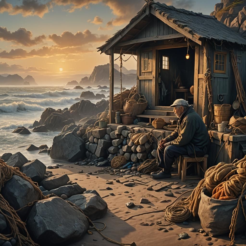 Fisherman Mending Nets at Golden Hour