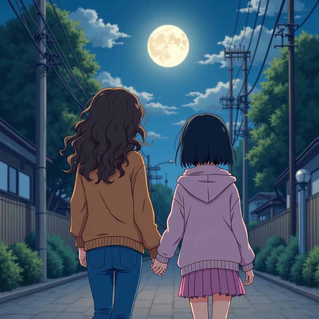Anime Girls Stroll on Moonlit Street, Manga Illustration