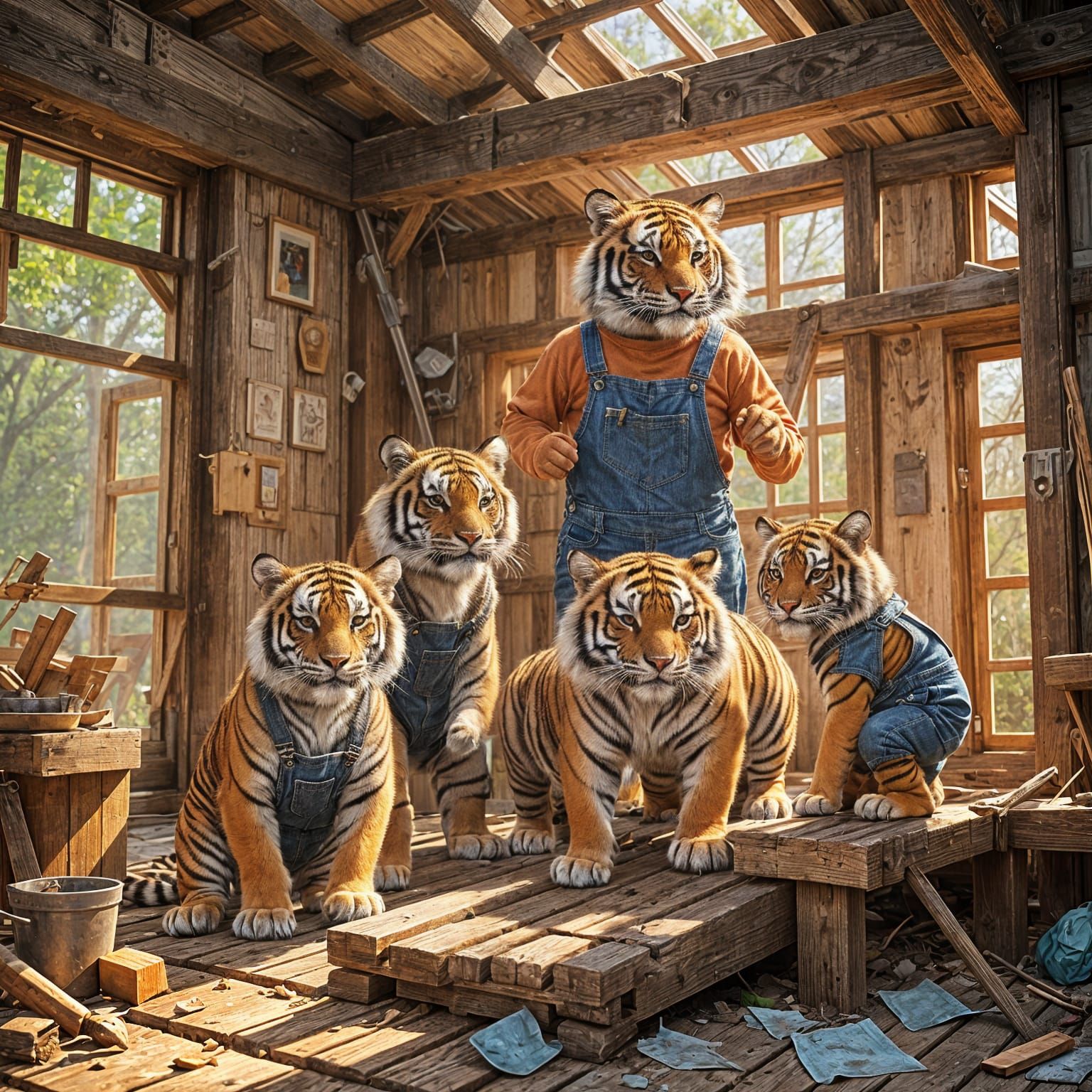 Tigers Building House in Overalls