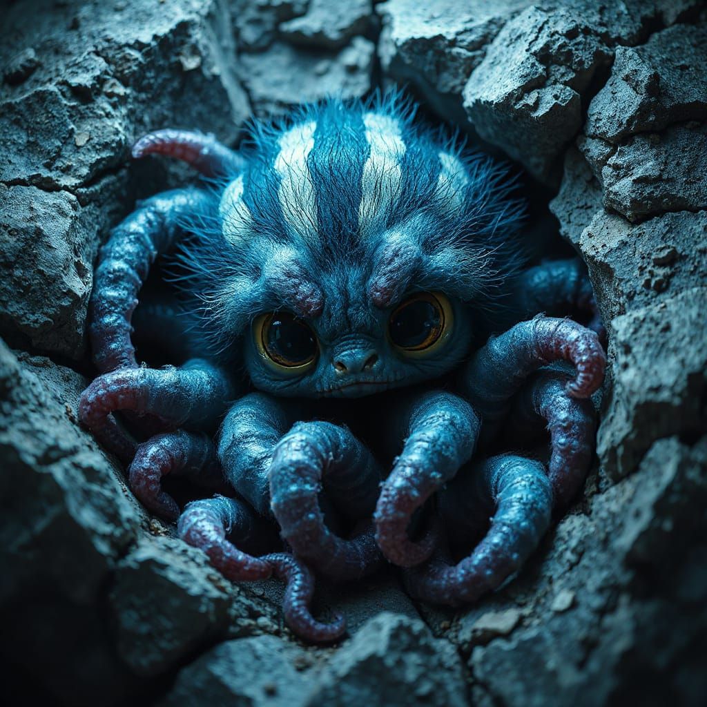 Fluffy Neon Creature with Tentacles in Rock Fissure
