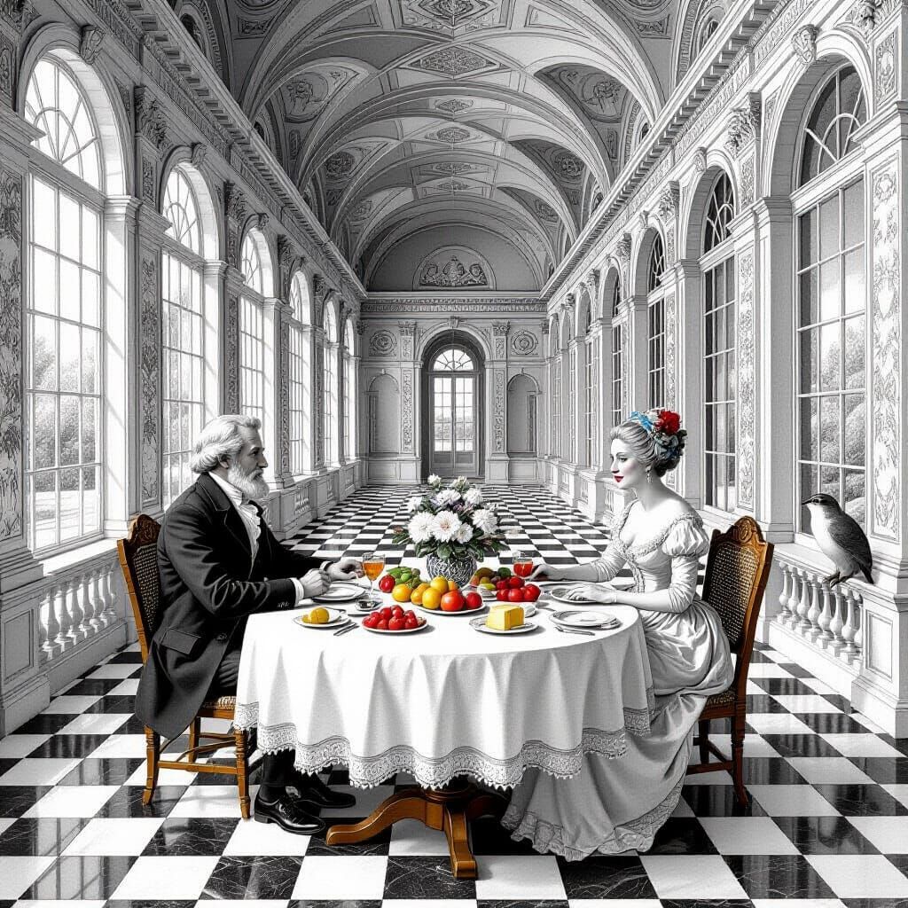 Elegant Hall with Impossible Perspective in Escher Style